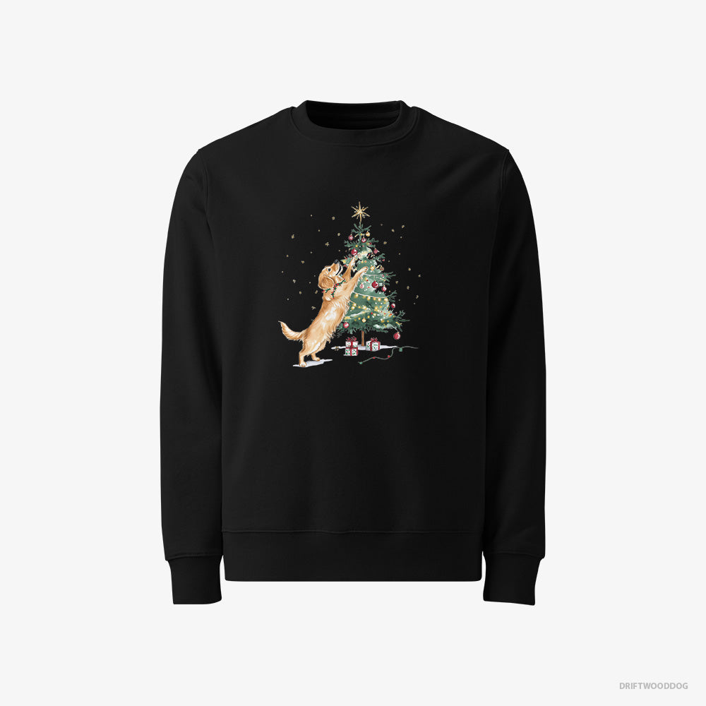 Golden Retriever Sweatshirt – Women Black Sweatshirt Classic – Styling the Christmas Tree (on White Background)