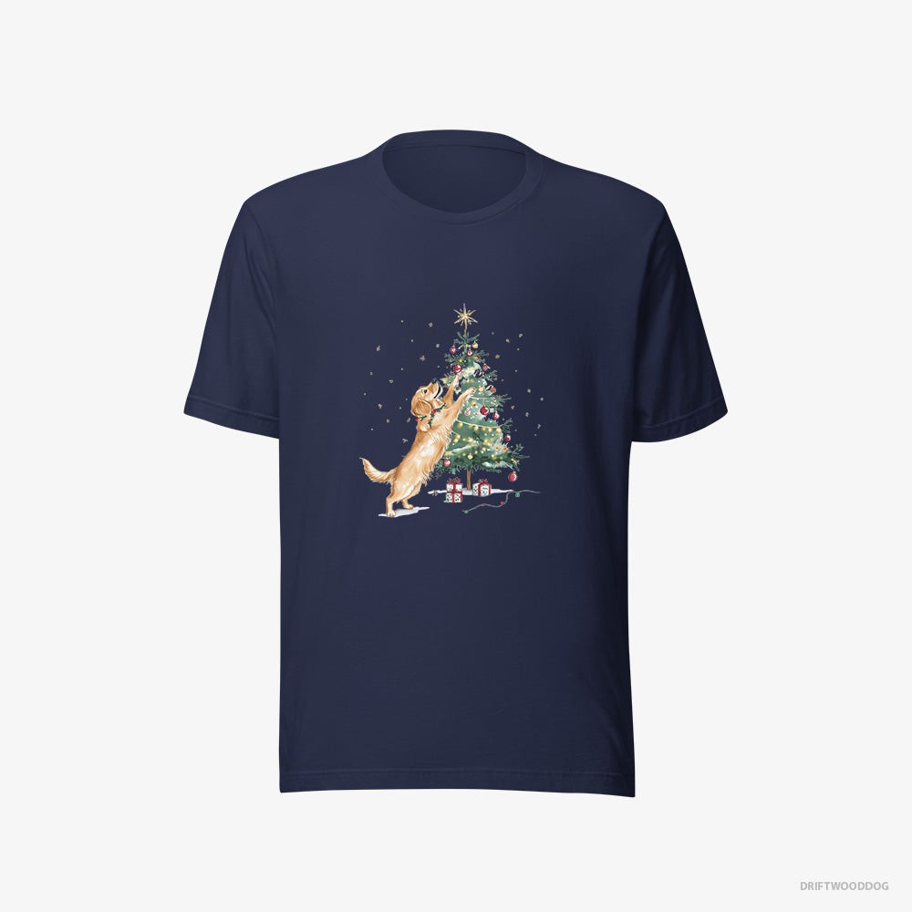 Golden Retriever T-Shirt – Women Navy T-Shirt Eco-Friendly – Styling the Christmas Tree (on White Background)