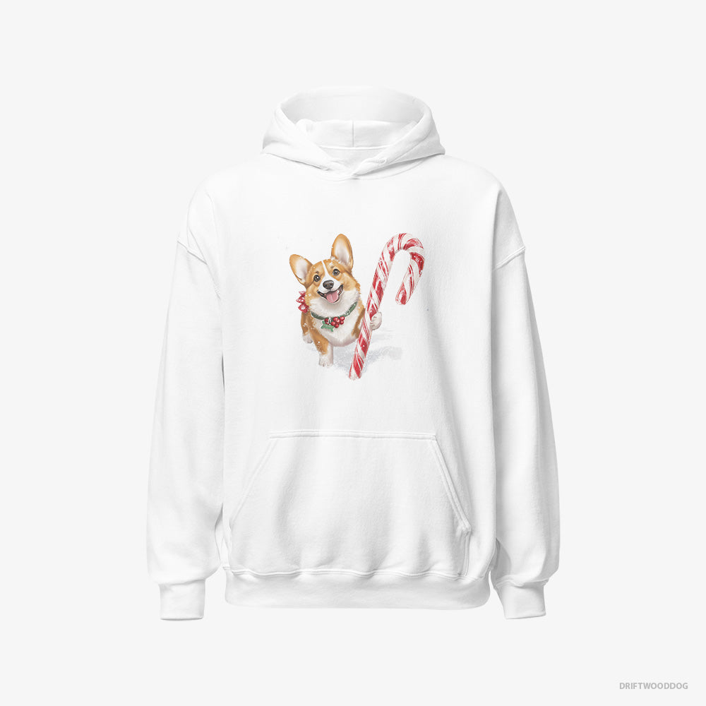 Corgi Hoodie – Men White Hoodie Classic – with a Giant Christmas Lollipop (on White Background)