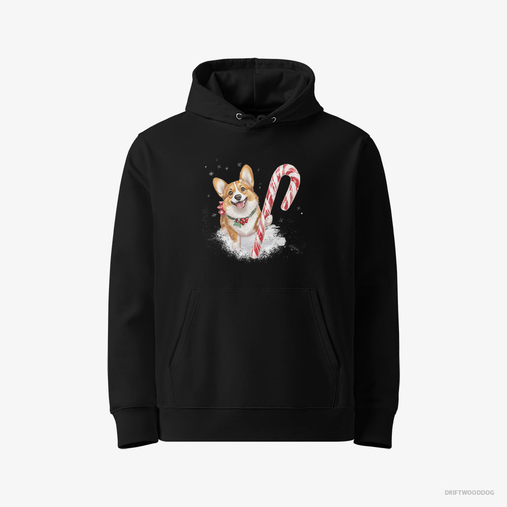 Corgi Hoodie – Men Black Hoodie Eco-Friendly – with a Giant Christmas Lollipop (on White Background)