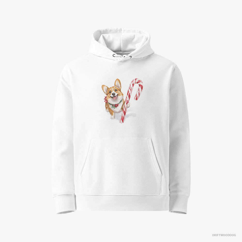 Corgi Hoodie – Women White Hoodie Eco-Friendly – with a Giant Christmas Lollipop (on White Background)