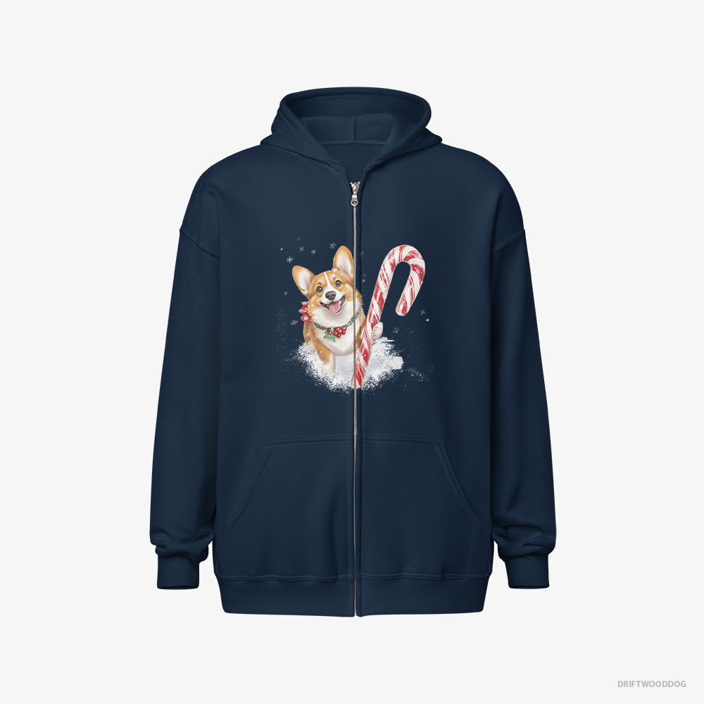 Corgi Hoodie – Men Navy Hoodie Full-Zip – with a Giant Christmas Lollipop (on White Background)