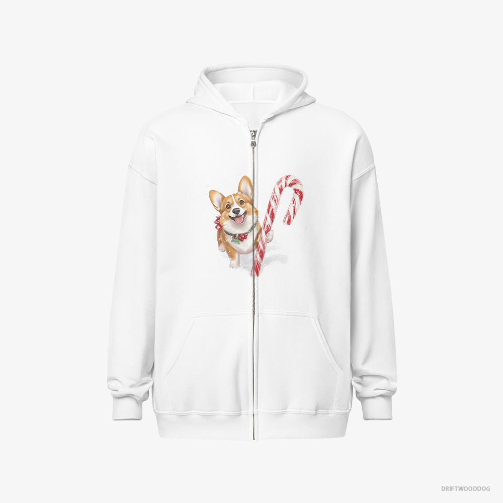 Corgi Hoodie – Men White Hoodie Full-Zip – with a Giant Christmas Lollipop (on White Background)