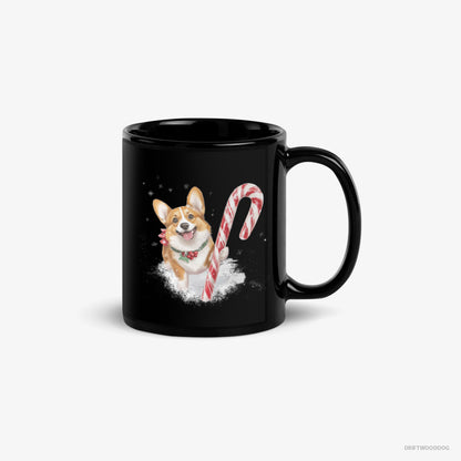 Corgi Mug – Unisex Black Mug Classic – with a Giant Christmas Lollipop (on White Background)