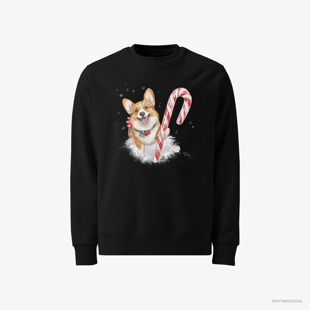 Corgi Sweatshirt – Men Black Sweatshirt Classic – with a Giant Christmas Lollipop (on White Background)