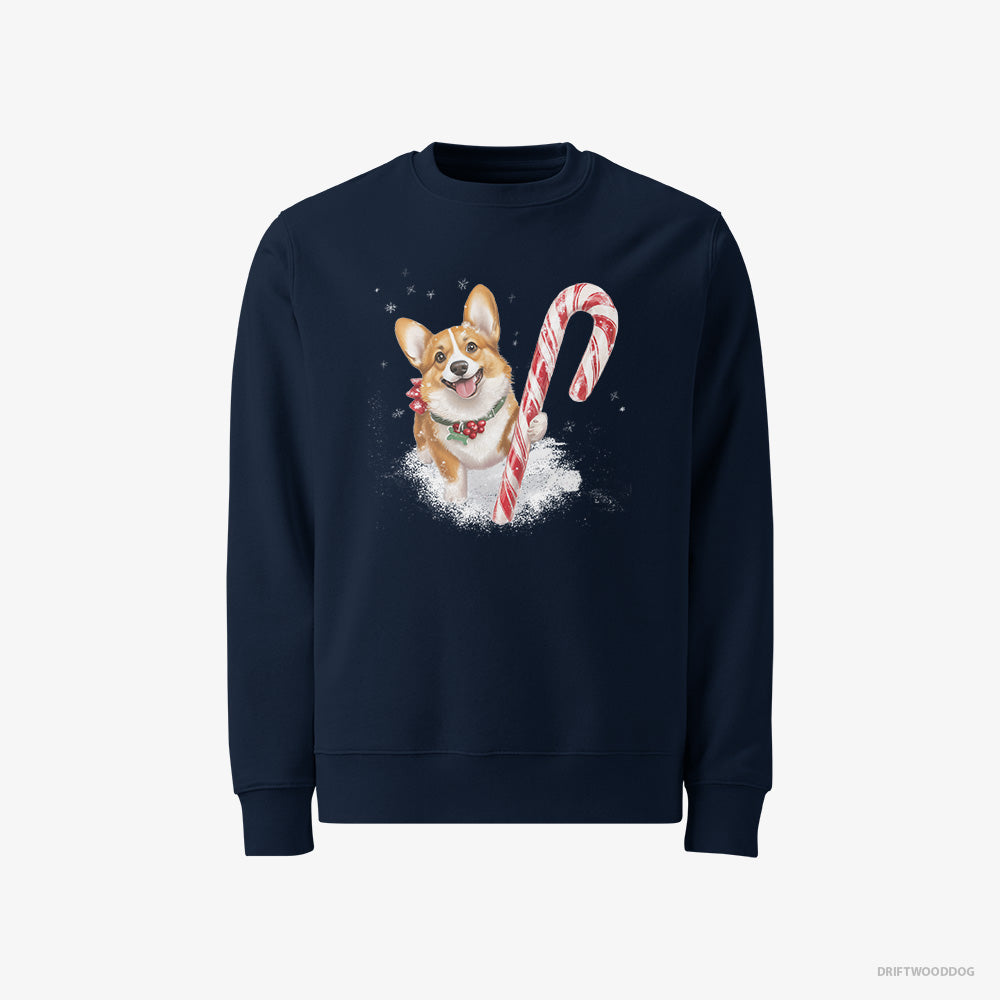 Corgi Sweatshirt – Men Navy Sweatshirt Classic – with a Giant Christmas Lollipop (on White Background)