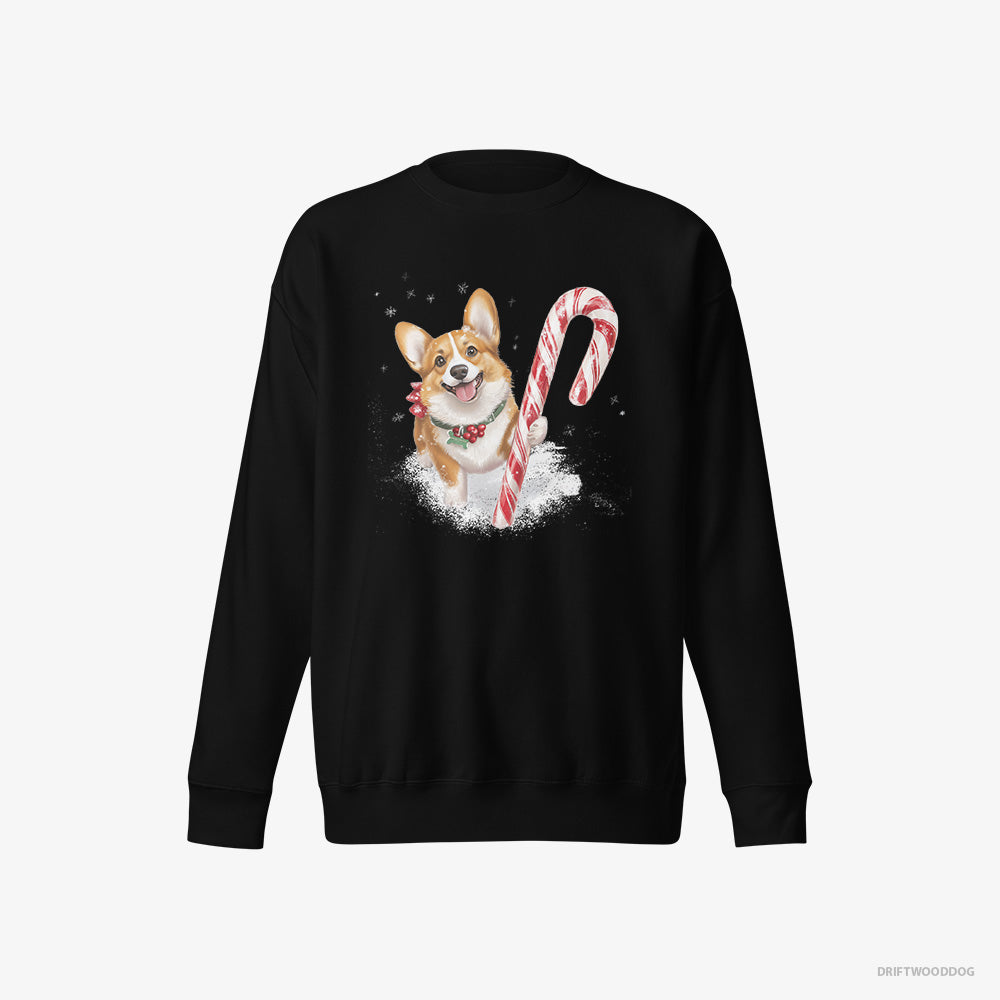 Corgi Sweatshirt – Women Black Sweatshirt Eco-Friendly – with a Giant Christmas Lollipop (on White Background)