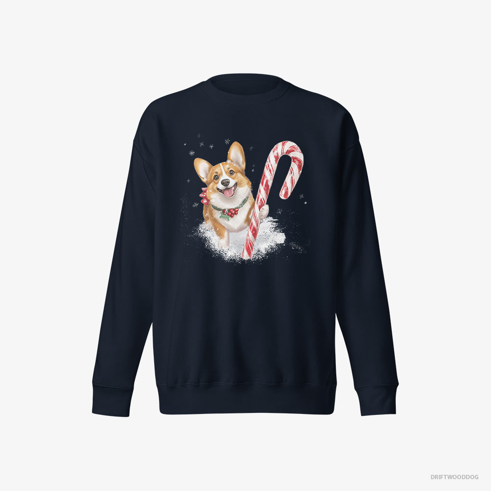 Corgi Sweatshirt – Women Navy Sweatshirt Eco-Friendly – with a Giant Christmas Lollipop (on White Background)