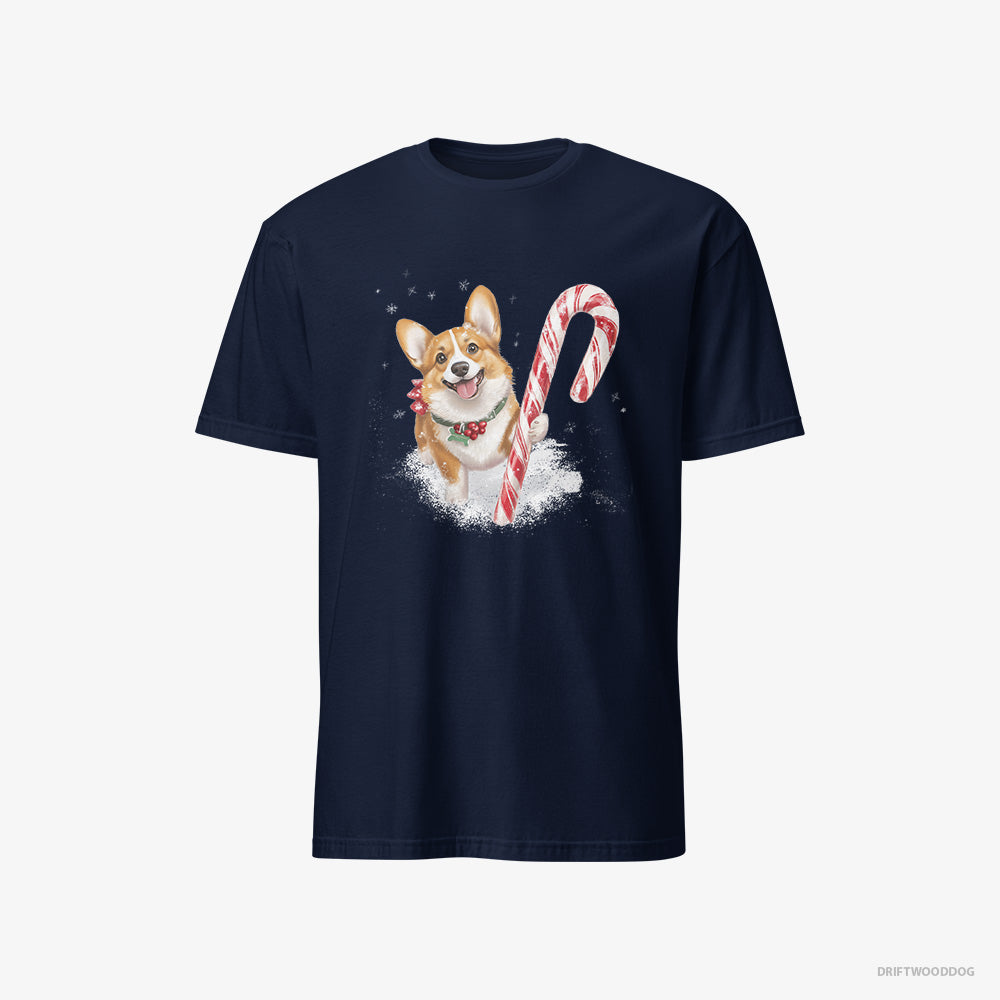 Corgi T-Shirt – Men Navy T-Shirt Classic – with a Giant Christmas Lollipop (on White Background)