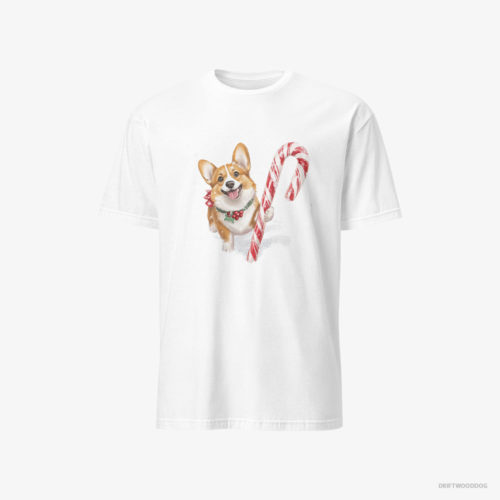 Corgi T-Shirt – Men White T-Shirt Classic – with a Giant Christmas Lollipop (on White Background)