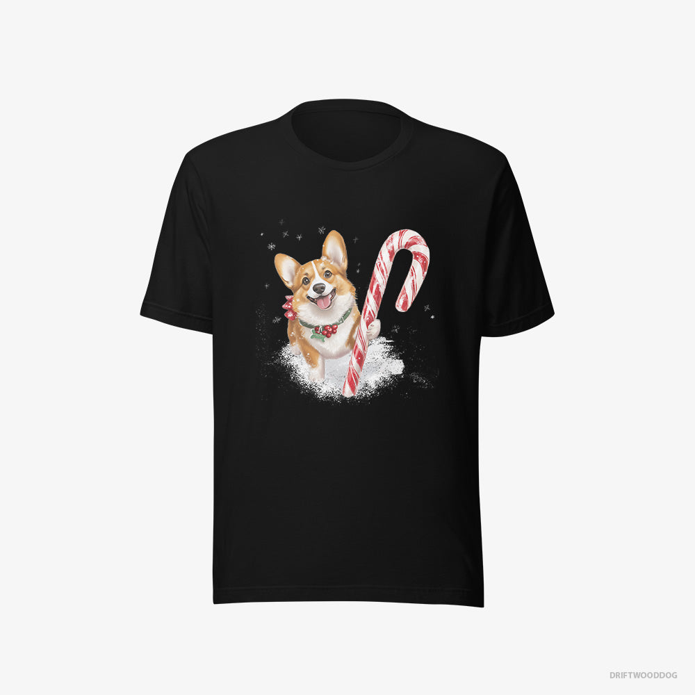 Corgi T-Shirt – Women Black T-Shirt Eco-Friendly – with a Giant Christmas Lollipop (on White Background)