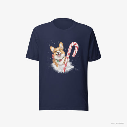 Corgi T-Shirt – Men Navy T-Shirt Eco-Friendly – with a Giant Christmas Lollipop (on White Background)