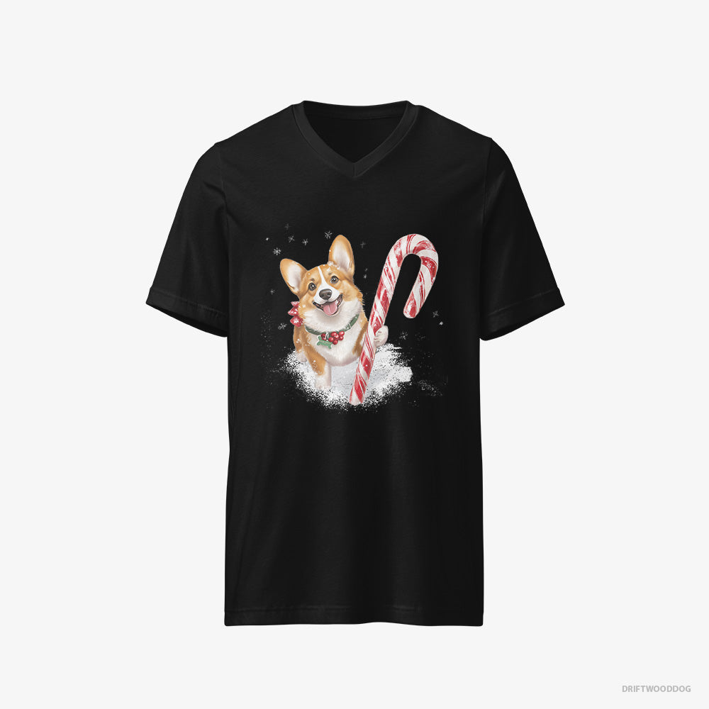 Corgi T-Shirt – Men Black T-Shirt V-Neck – with a Giant Christmas Lollipop (on White Background)