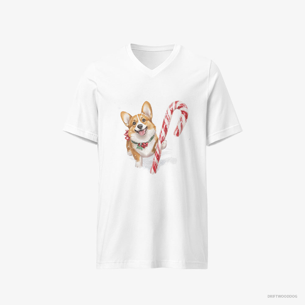 Corgi with a Giant Christmas Lollipop V-Neck T-Shirt