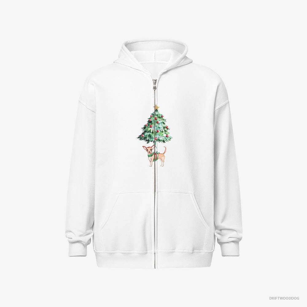 Chihuahua Hoodie – Men White Hoodie Full-Zip – Adorned on the Christmas Tree (on White Background)