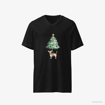 Chihuahua T-Shirt – Men Black T-Shirt V-Neck – Adorned on the Christmas Tree (on White Background)