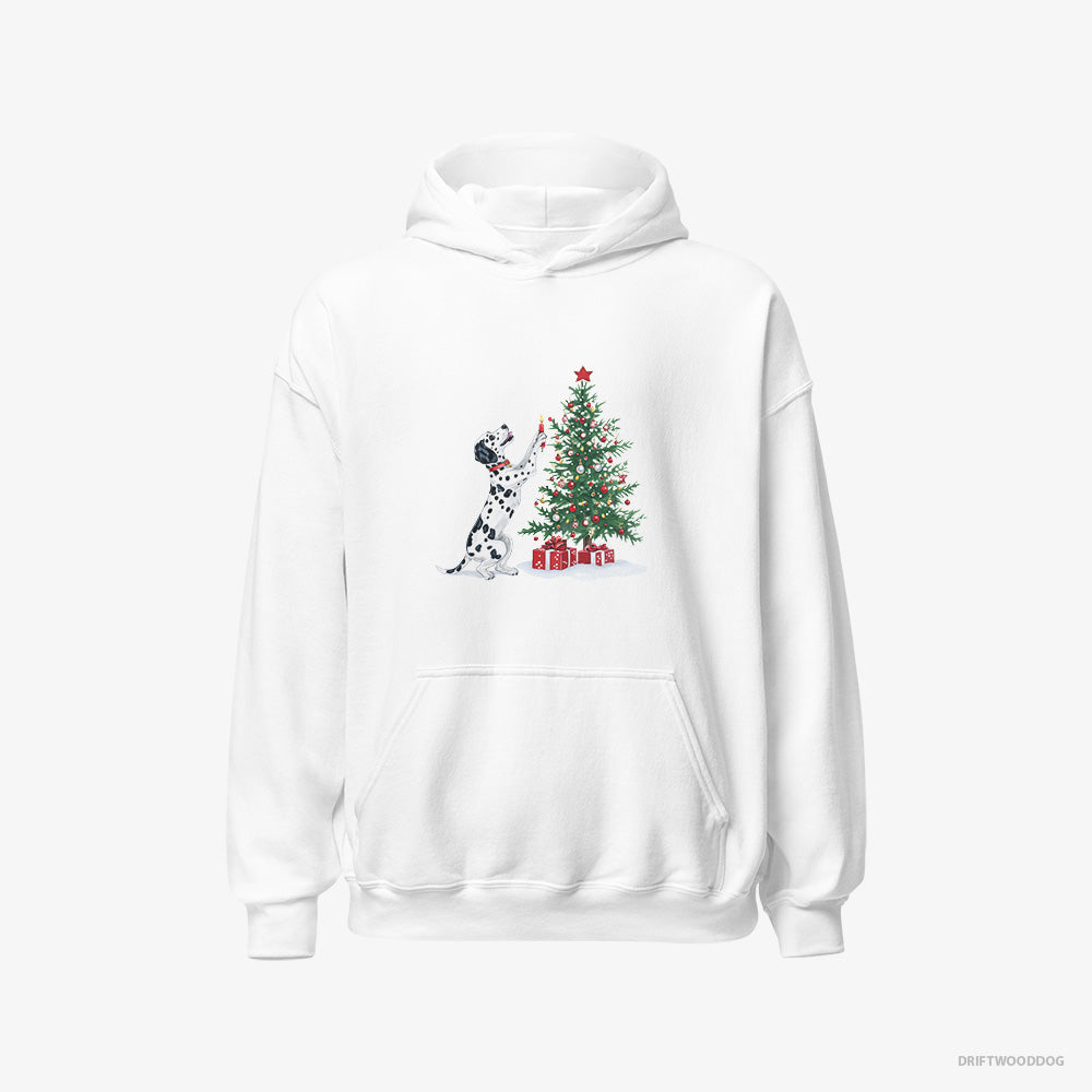 Dalmatian Hoodie – Men White Hoodie Classic – Decorating the Tree with Christmas Candle (on White Background)