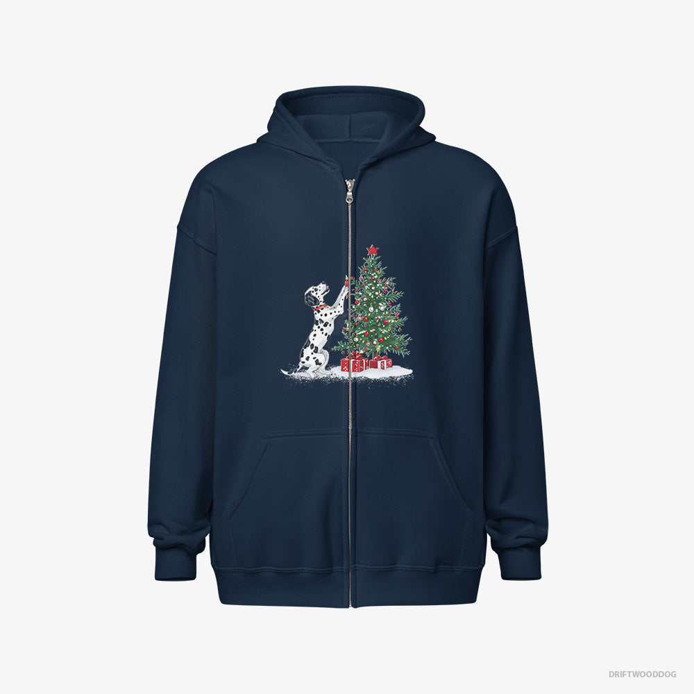 Dalmatian Hoodie – Men Navy Hoodie Full-Zip – Decorating the Tree with Christmas Candle (on White Background)