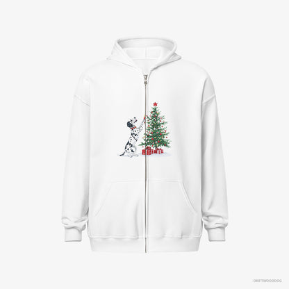 Dalmatian Hoodie – Men White Hoodie Full-Zip – Decorating the Tree with Christmas Candle (on White Background)