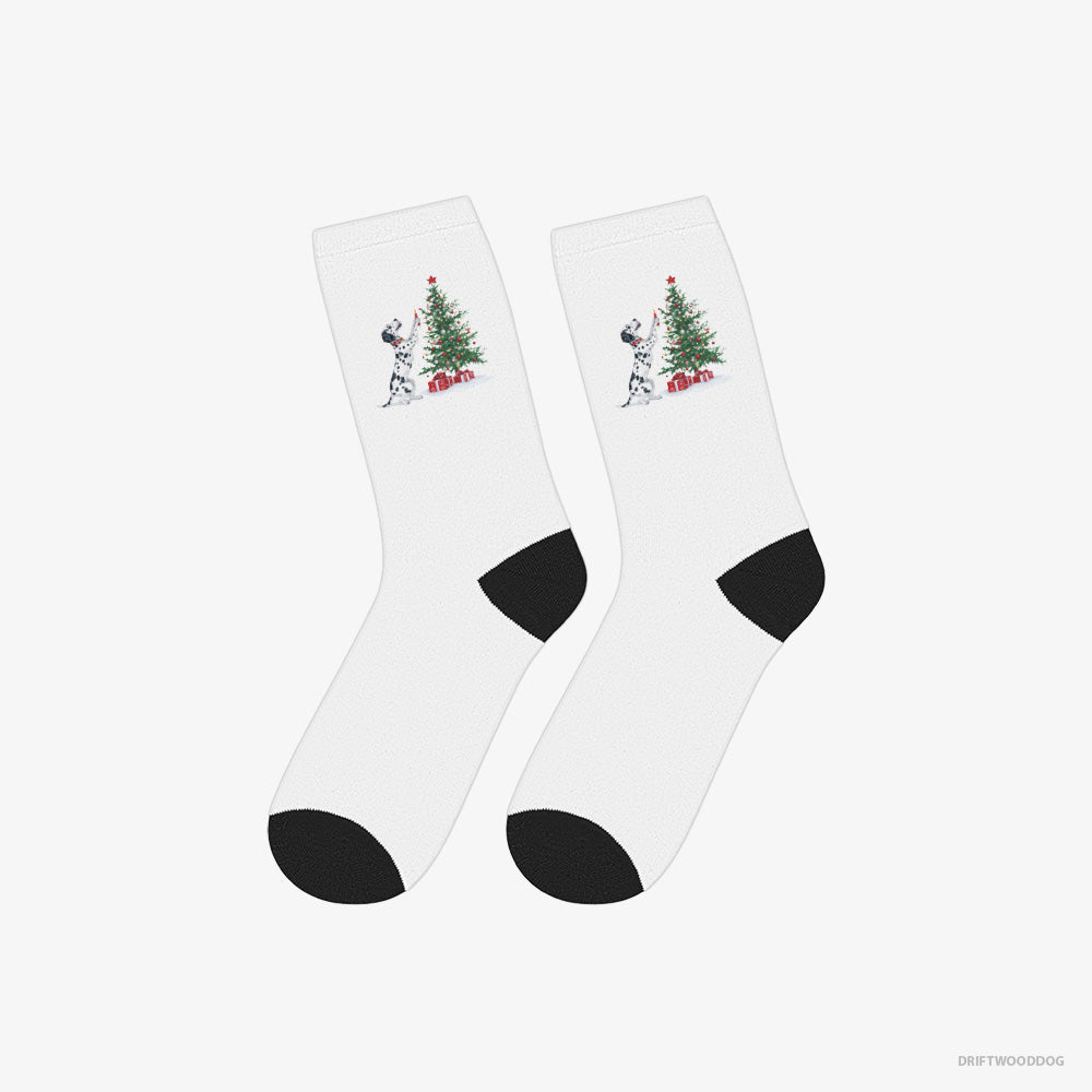 Dalmatian Socks – Unisex White Socks Classic – Decorating the Tree with Christmas Candle (on White Background)