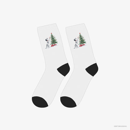 Dalmatian Socks – Unisex White Socks Eco-Friendly – Decorating the Tree with Christmas Candle (on White Background)