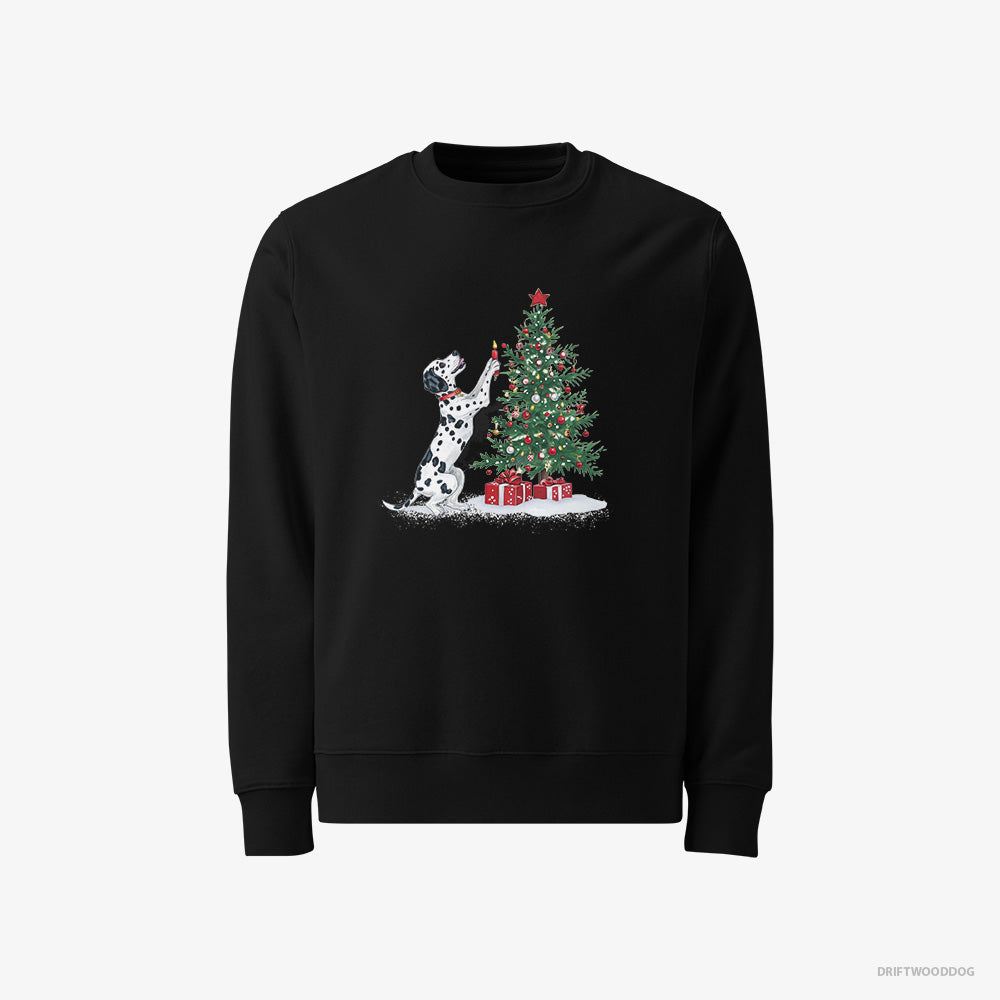 Dalmatian Sweatshirt – Women Black Sweatshirt Classic – Decorating the Tree with Christmas Candle (on White Background)