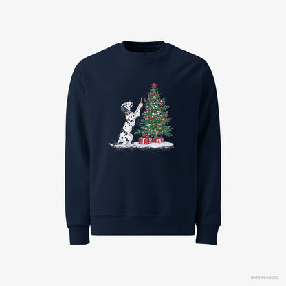 Dalmatian Sweatshirt – Men Navy Sweatshirt Classic – Decorating the Tree with Christmas Candle (on White Background)