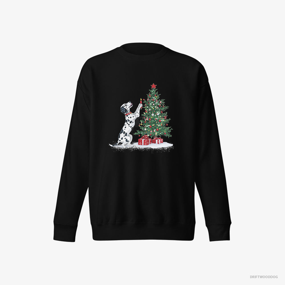 Dalmatian Sweatshirt – Men Black Sweatshirt Eco-Friendly – Decorating the Tree with Christmas Candle (on White Background)