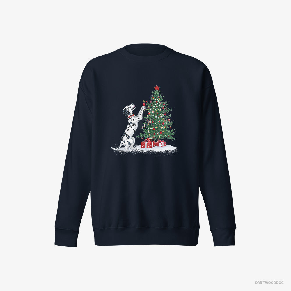 Dalmatian Sweatshirt – Men Navy Sweatshirt Eco-Friendly – Decorating the Tree with Christmas Candle (on White Background)