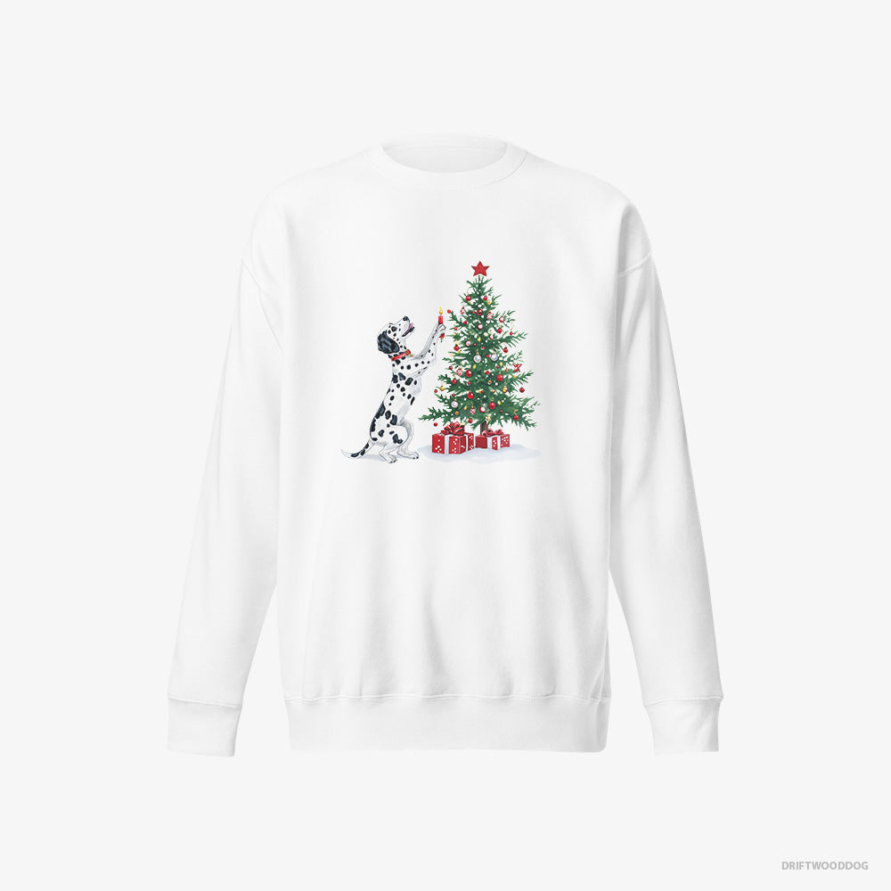 Dalmatian Sweatshirt – Men White Sweatshirt Eco-Friendly – Decorating the Tree with Christmas Candle (on White Background)