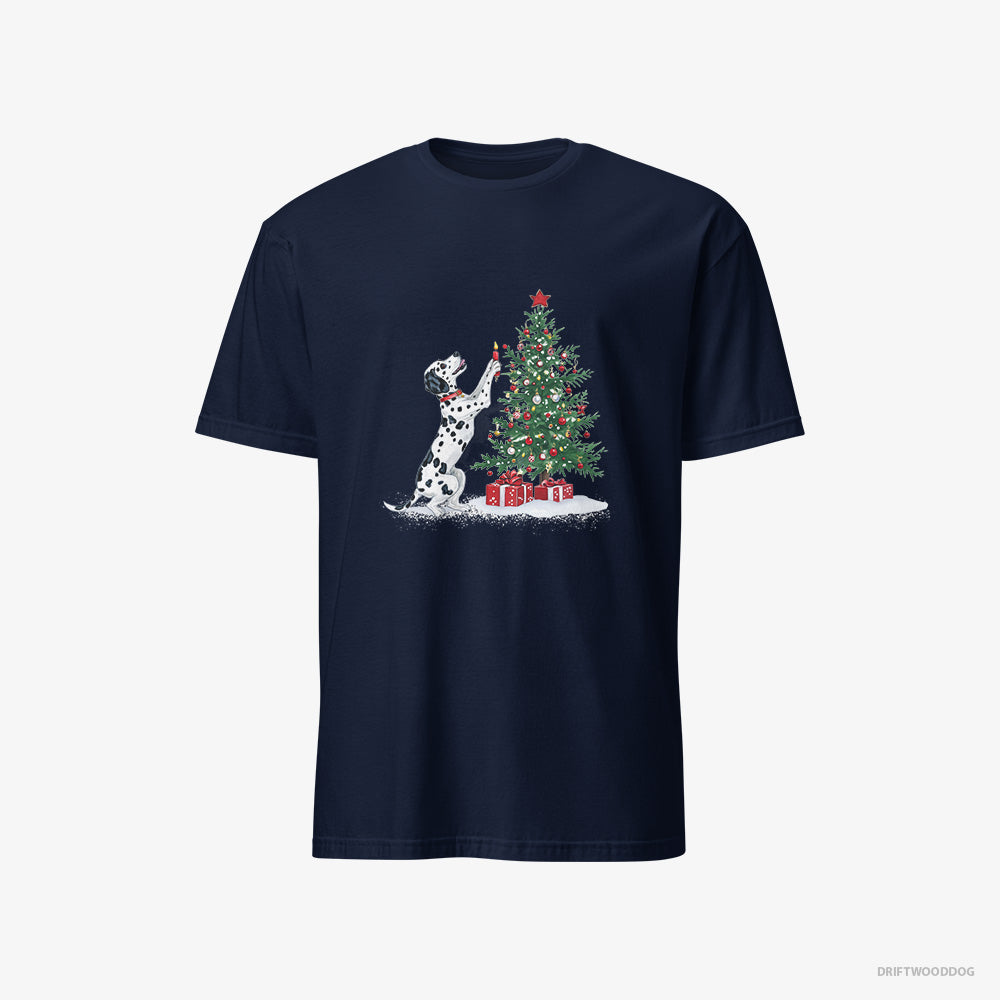 Dalmatian T-Shirt – Men Navy T-Shirt Classic – Decorating the Tree with Christmas Candle (on White Background)