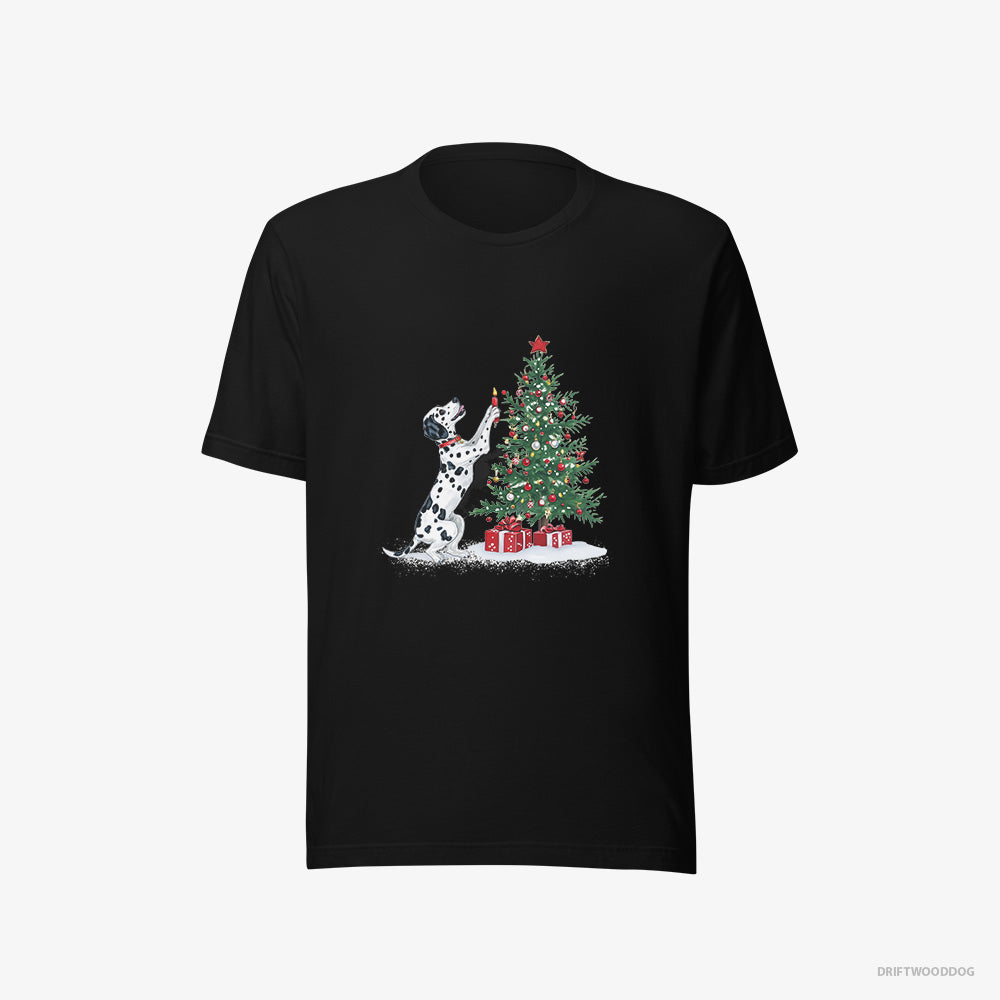 Dalmatian T-Shirt – Men Black T-Shirt Eco-Friendly – Decorating the Tree with Christmas Candle (on White Background)