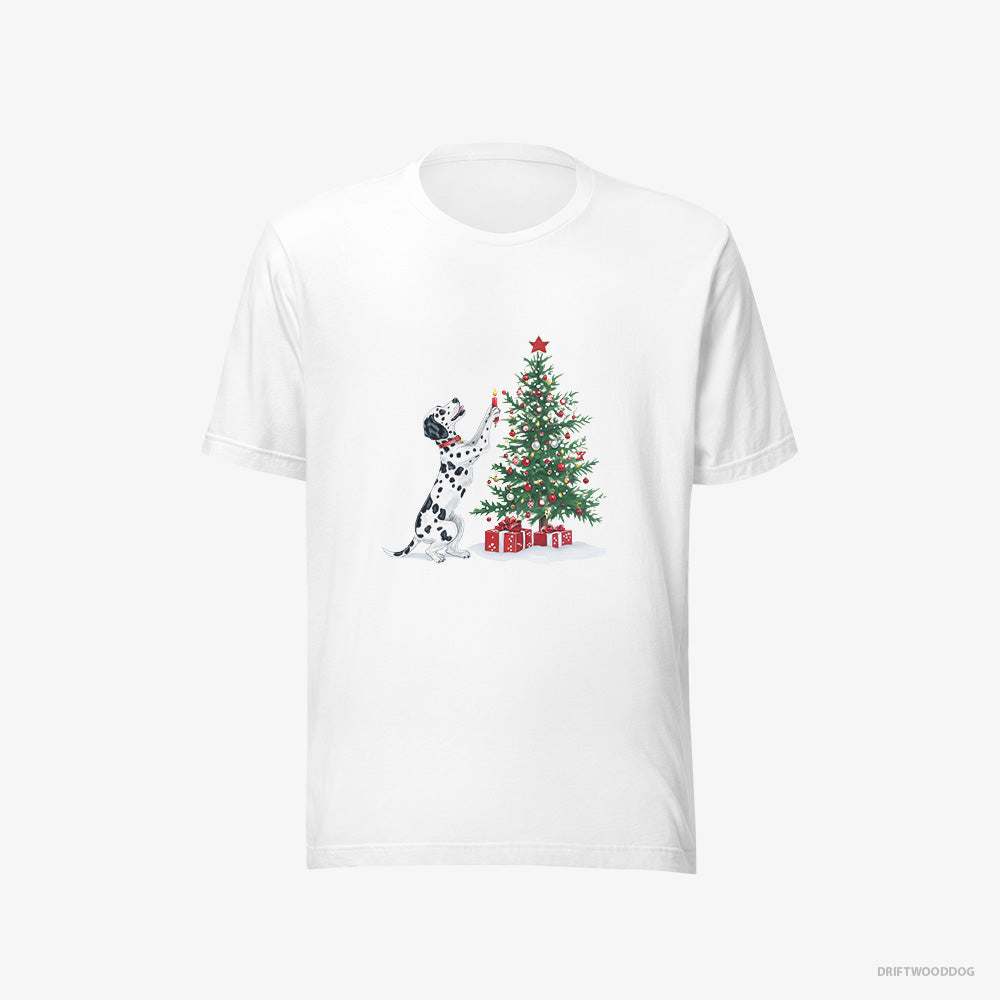 Dalmatian T-Shirt – Men White T-Shirt Eco-Friendly – Decorating the Tree with Christmas Candle (on White Background)