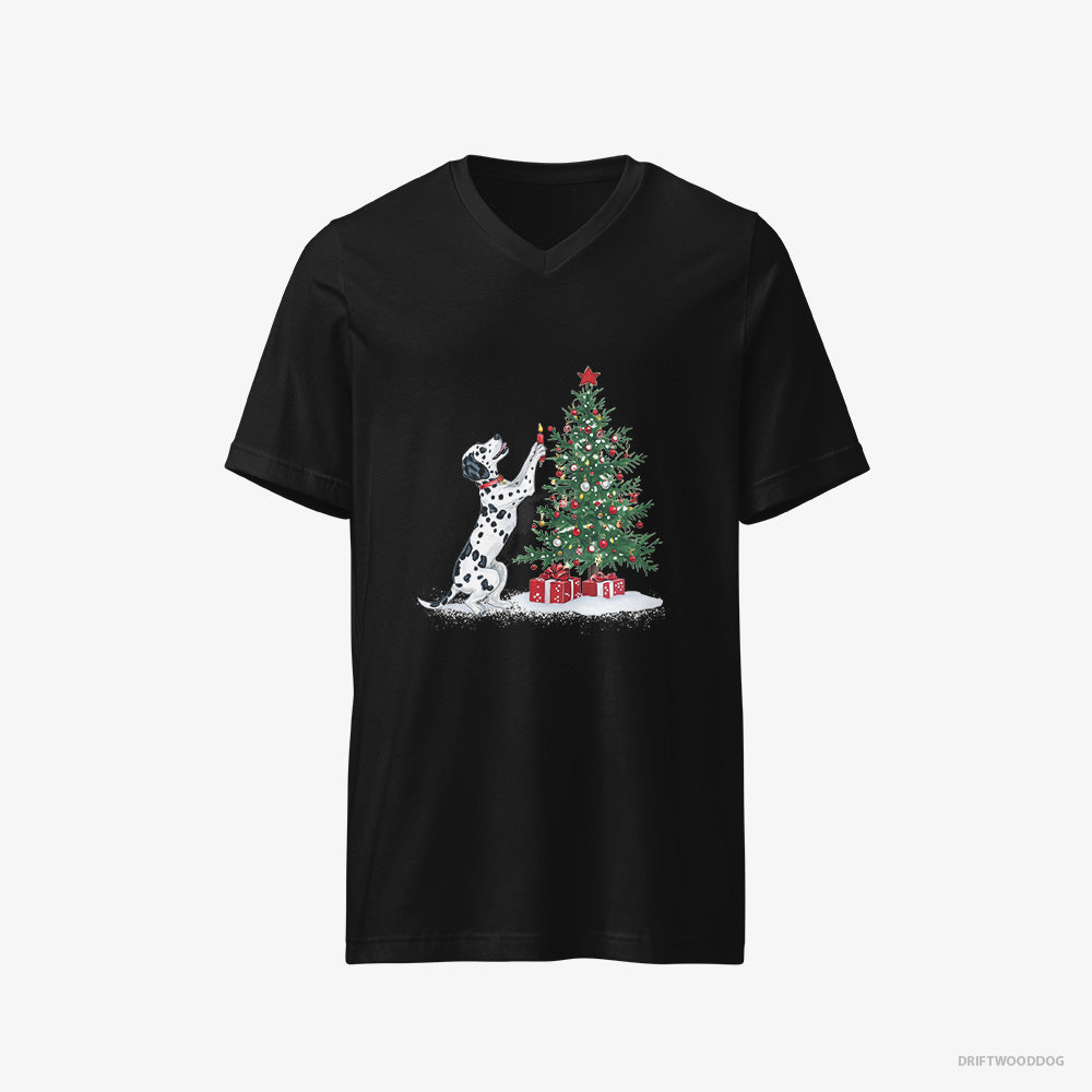 Dalmatian T-Shirt – Men Black T-Shirt V-Neck – Decorating the Tree with Christmas Candle (on White Background)