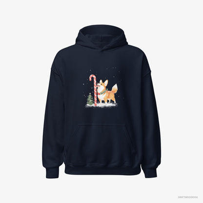 Corgi Licking a Huge Christmas Candy Cane Navy Hoodie