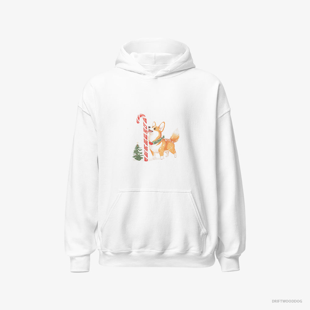 Corgi Hoodie – Men White Hoodie Classic – Licking a Huge Christmas Candy Cane (on White Background)