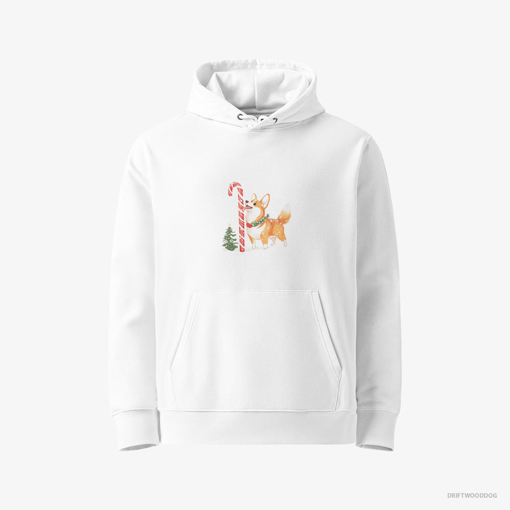 Corgi Hoodie – Women White Hoodie Eco-Friendly – Licking a Huge Christmas Candy Cane (on White Background)