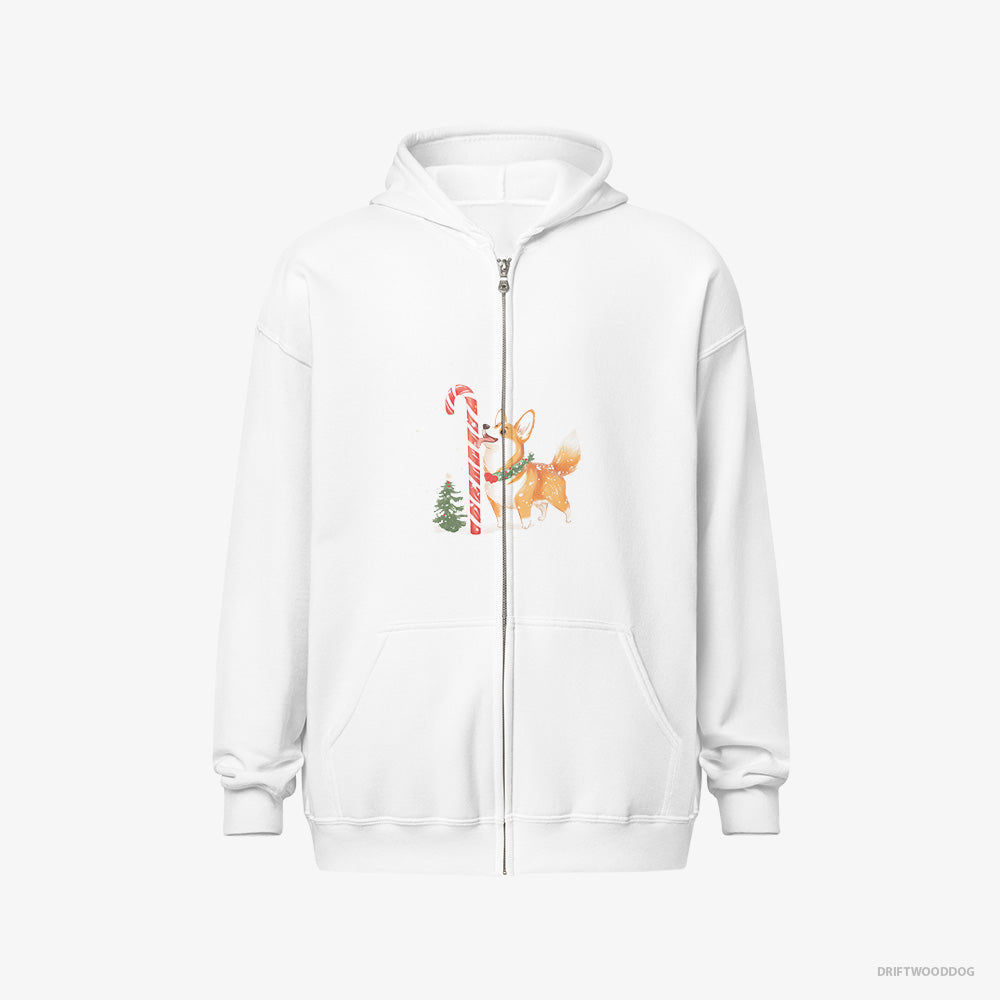 Corgi Hoodie – Men White Hoodie Full-Zip – Licking a Huge Christmas Candy Cane (on White Background)