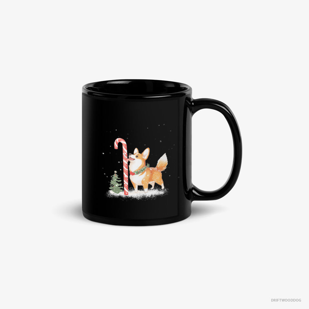 Corgi Mug – Unisex Black Mug Classic – Licking a Huge Christmas Candy Cane (on White Background)