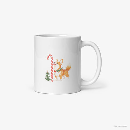 Corgi Licking a Huge Christmas Candy Cane White Mug