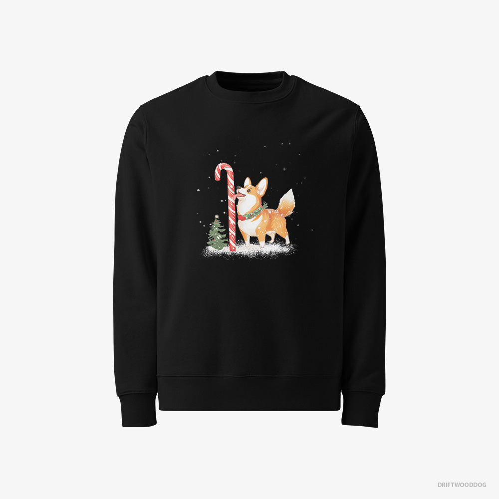 Corgi Sweatshirt – Men Black Sweatshirt Classic – Licking a Huge Christmas Candy Cane (on White Background)