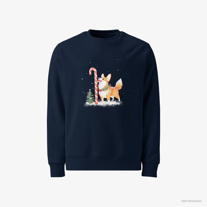 Corgi Sweatshirt – Men Navy Sweatshirt Classic – Licking a Huge Christmas Candy Cane (on White Background)