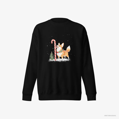 Corgi Licking a Huge Christmas Candy Cane Black Sweatshirt