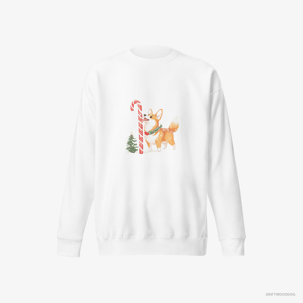 Corgi Sweatshirt – Men White Sweatshirt Eco-Friendly – Licking a Huge Christmas Candy Cane (on White Background)