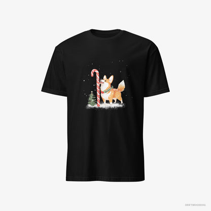 Corgi Licking a Huge Christmas Candy Cane Black T-Shirt