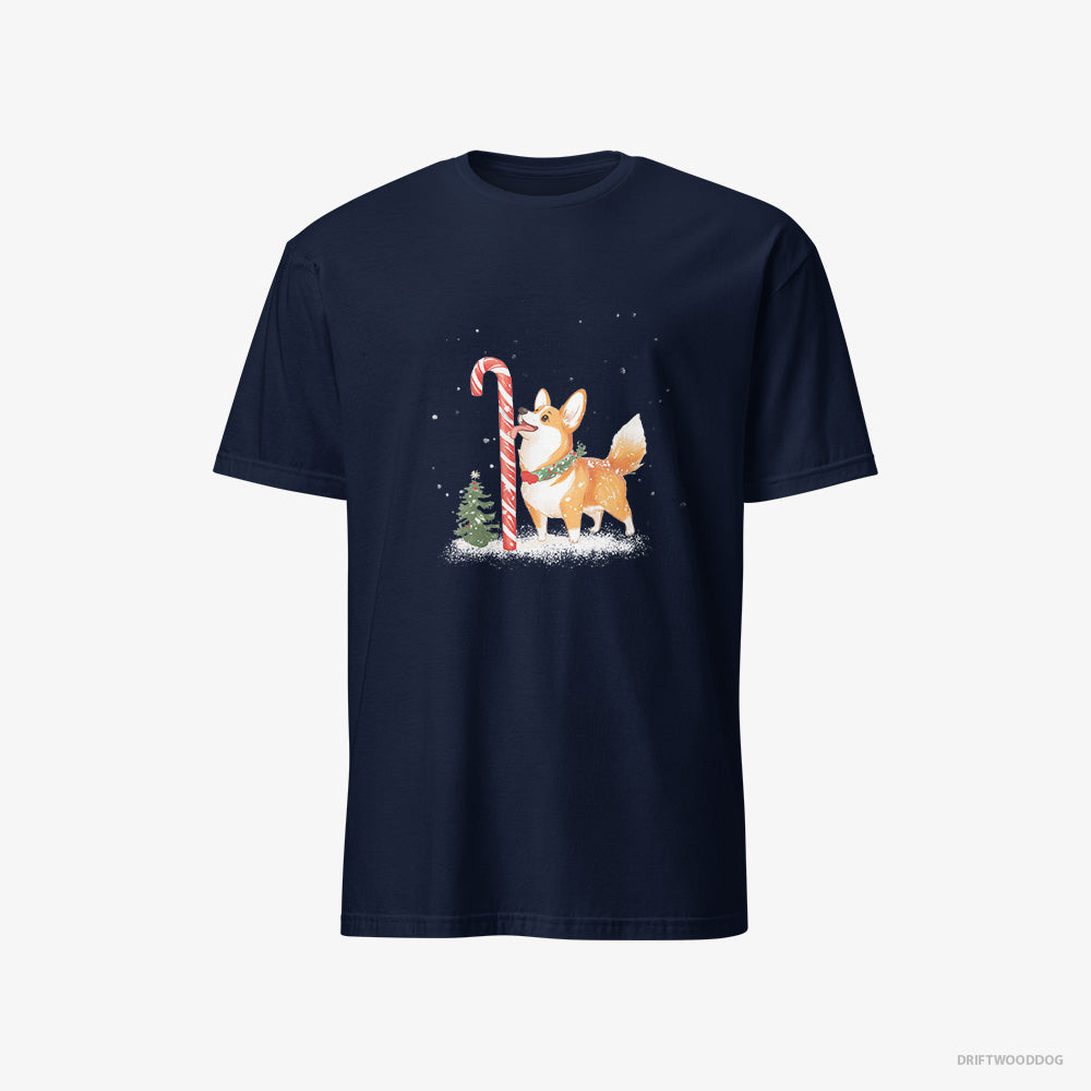 Corgi T-Shirt – Men Navy T-Shirt Classic – Licking a Huge Christmas Candy Cane (on White Background)