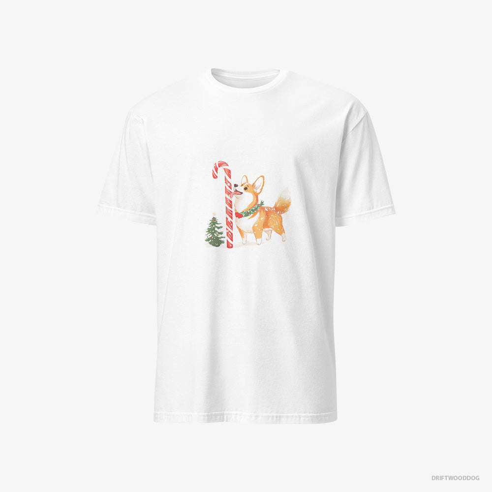 Corgi T-Shirt – Men White T-Shirt Classic – Licking a Huge Christmas Candy Cane (on White Background)