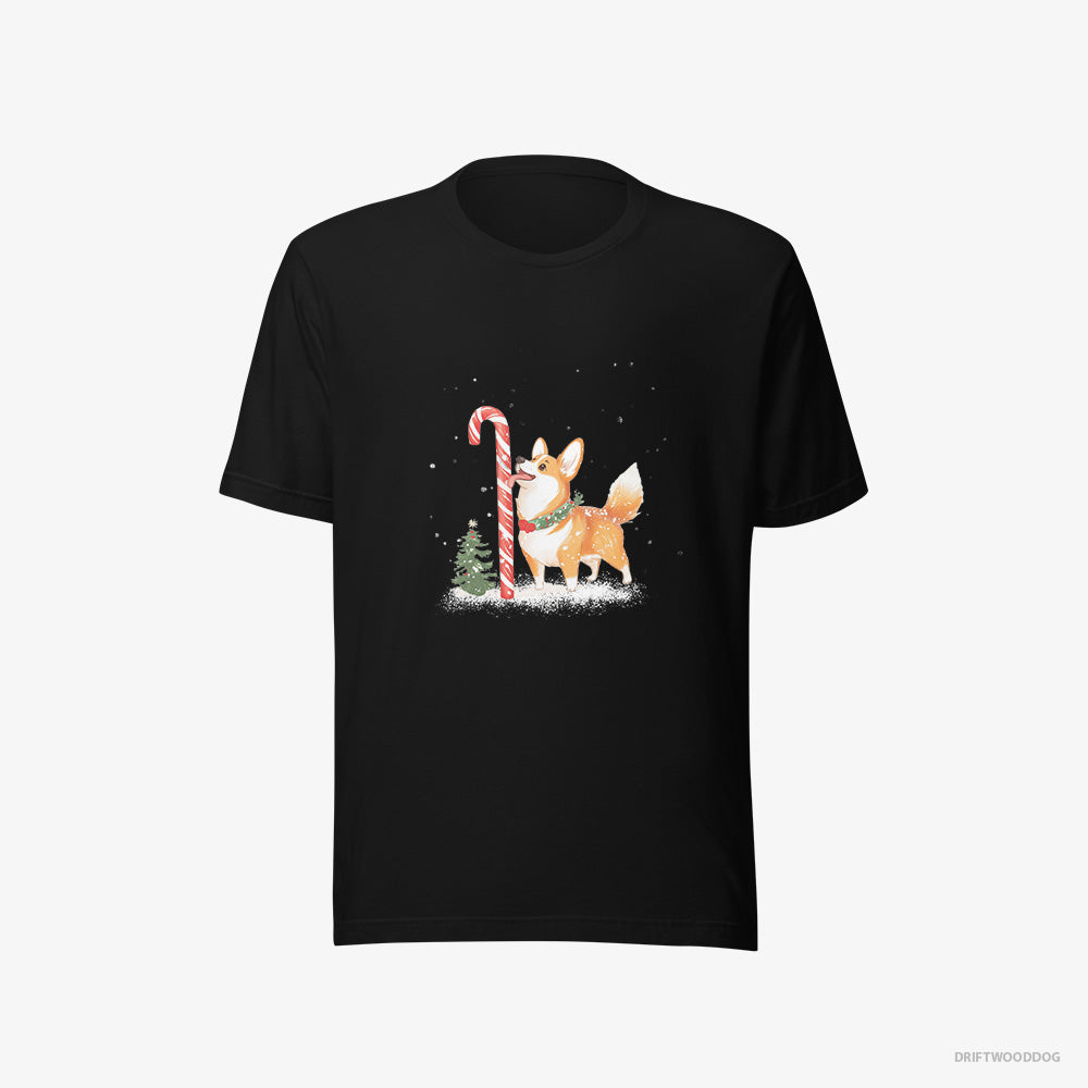 Corgi T-Shirt – Women Black T-Shirt Eco-Friendly – Licking a Huge Christmas Candy Cane (on White Background)