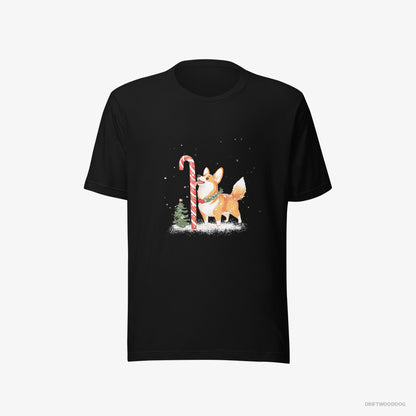 Corgi Licking a Huge Christmas Candy Cane Black T-Shirt