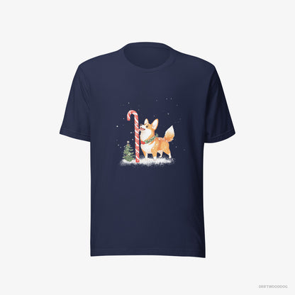 Corgi T-Shirt – Men Navy T-Shirt Eco-Friendly – Licking a Huge Christmas Candy Cane (on White Background)